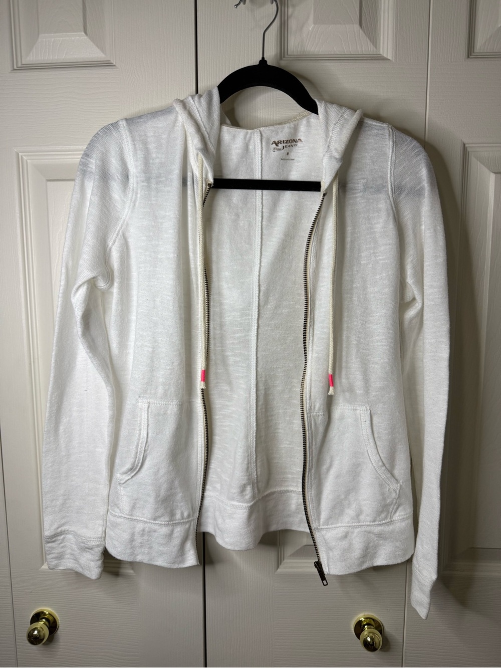 Arizona Jean Company White Zip Hoodie with Pink Drawstring Tips